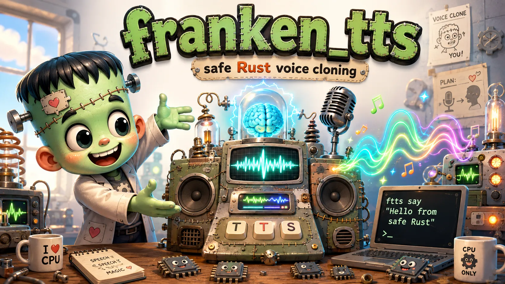 The FrankenTTS monster at its mixing desk, stitching voices together
